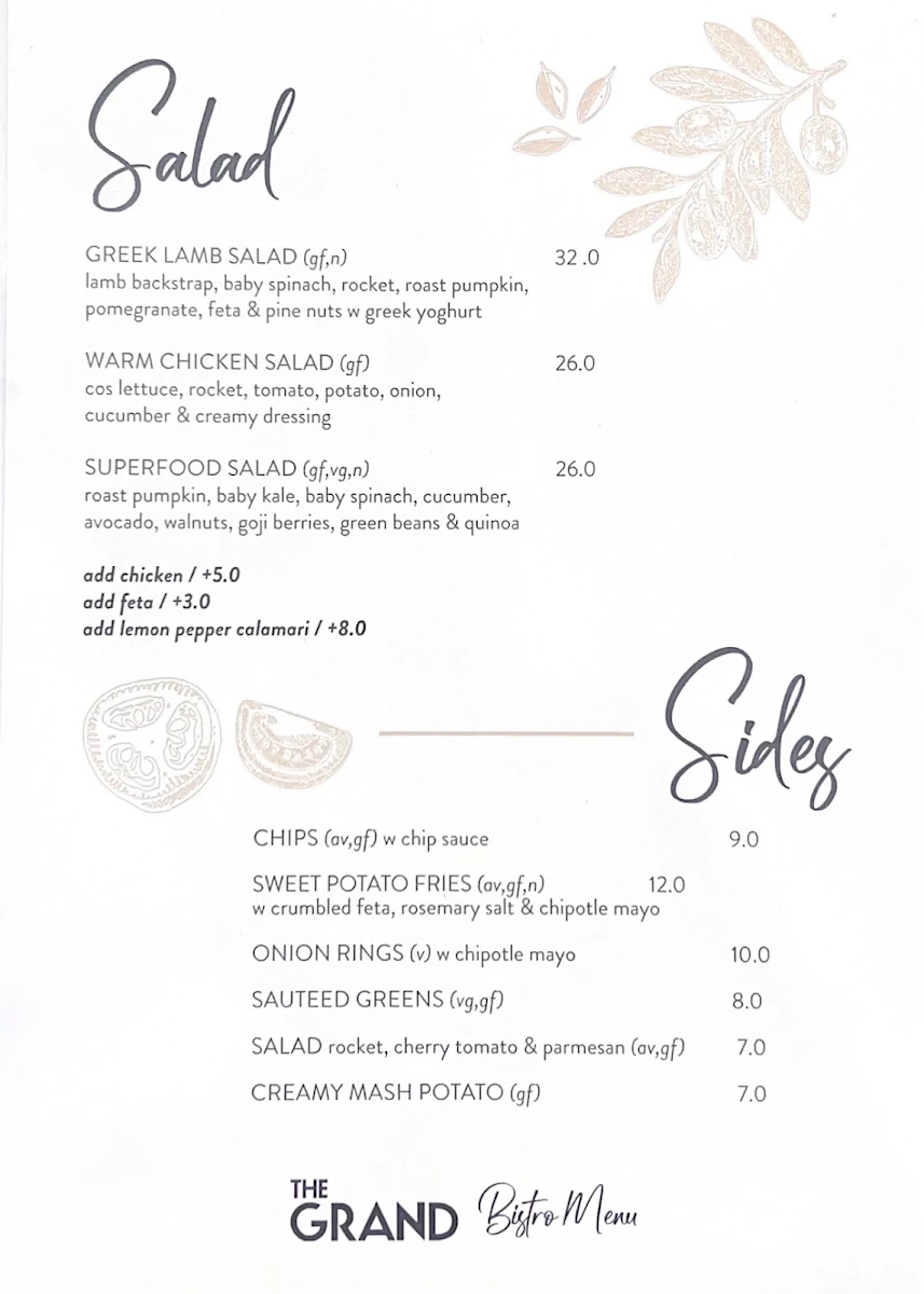 Menu, The Grand Hotel - Frankston