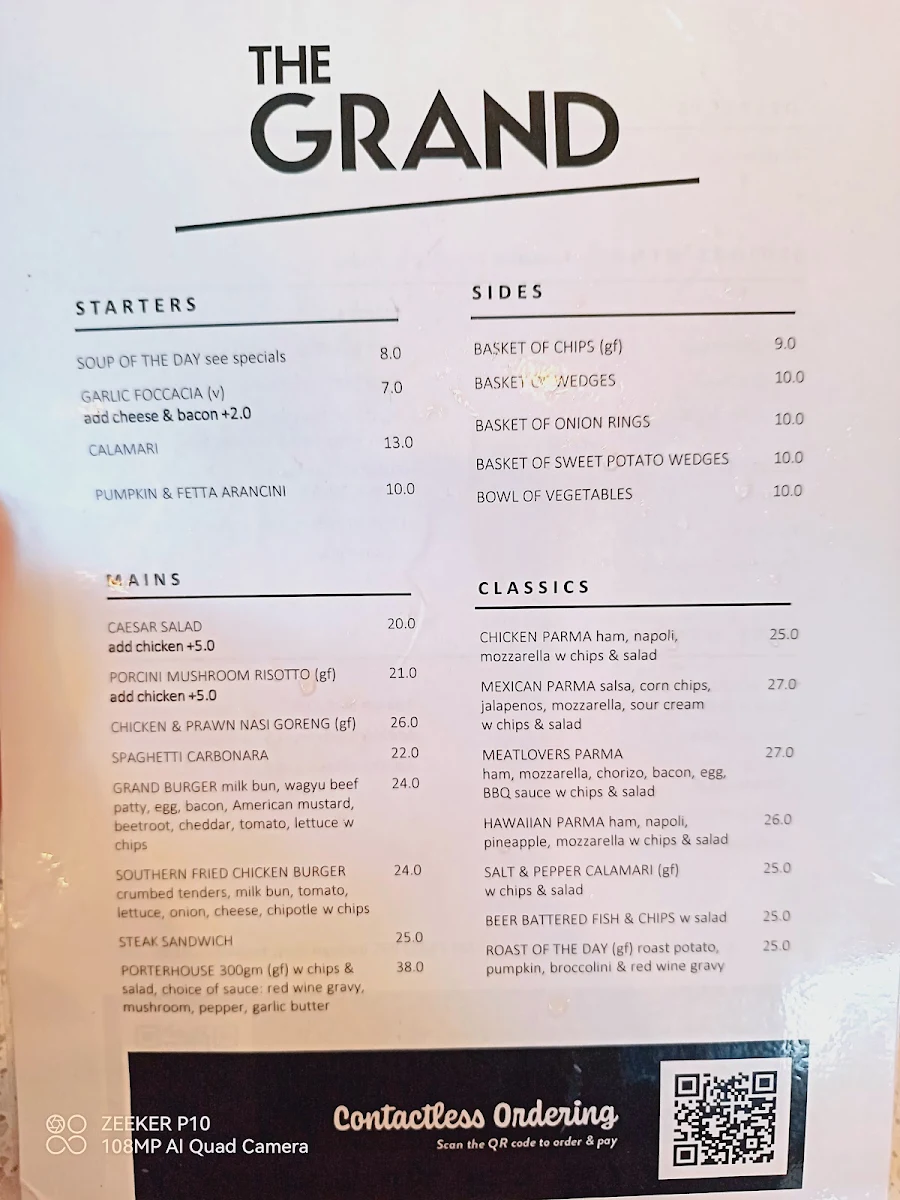 Menu, The Grand Hotel - Frankston