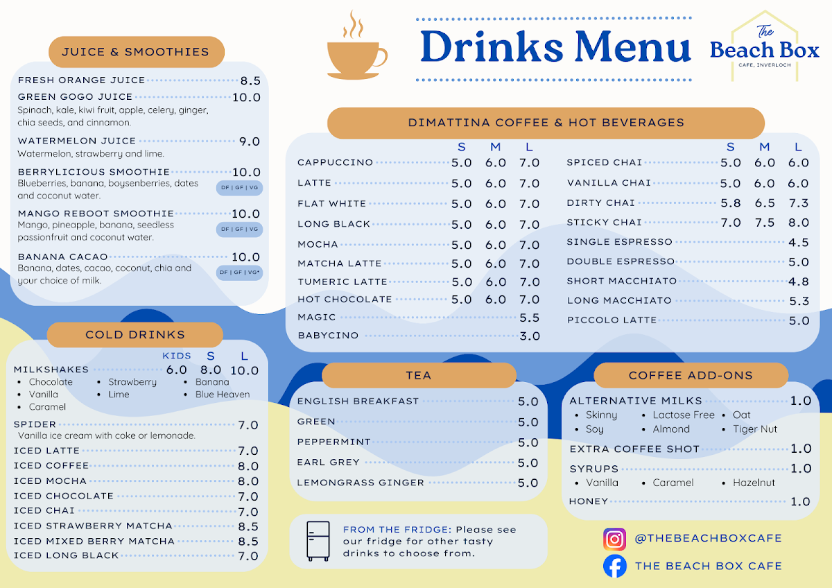Menu, The Beach Box Cafe Inverloch