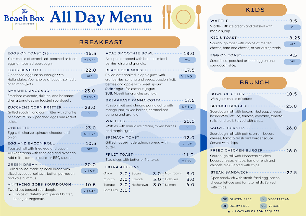Menu, The Beach Box Cafe Inverloch