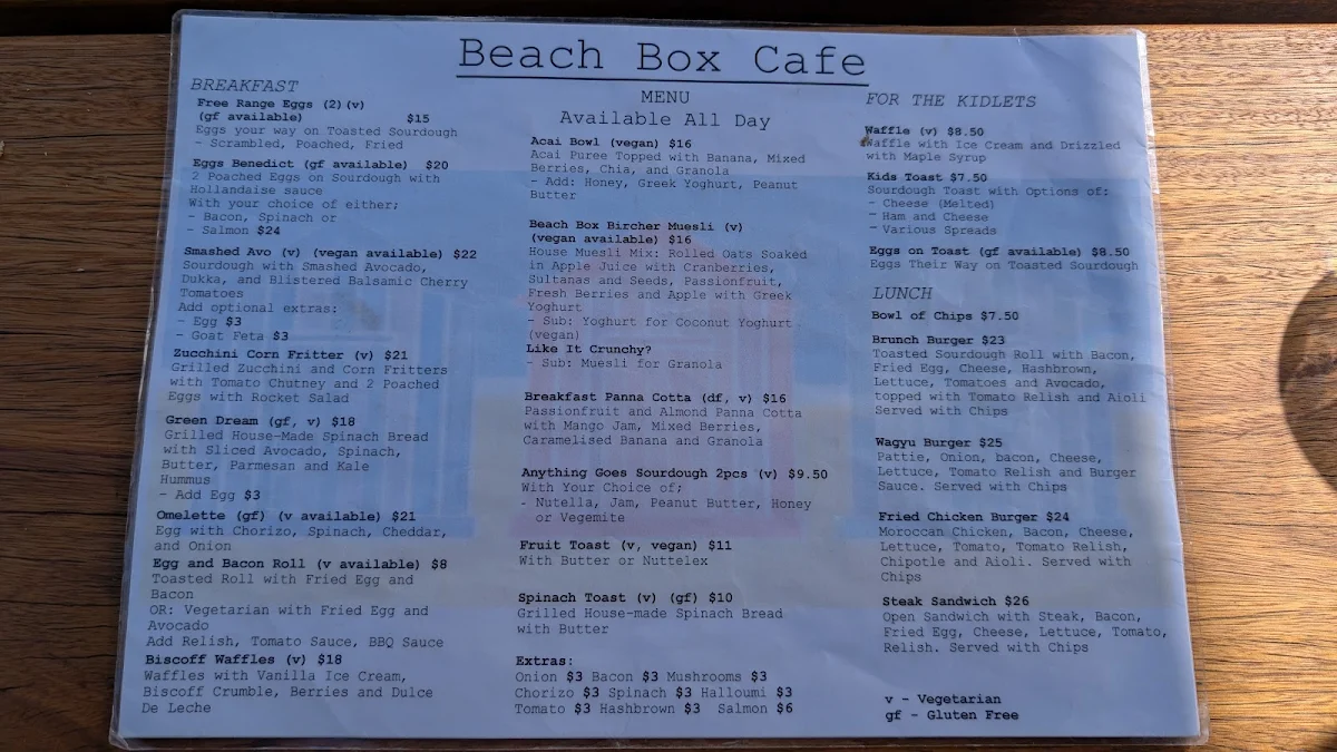 Menu, The Beach Box Cafe Inverloch