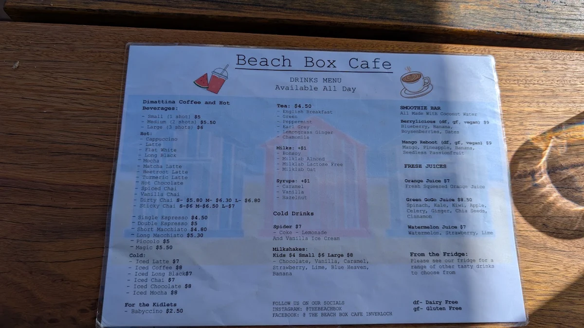 Menu, The Beach Box Cafe Inverloch