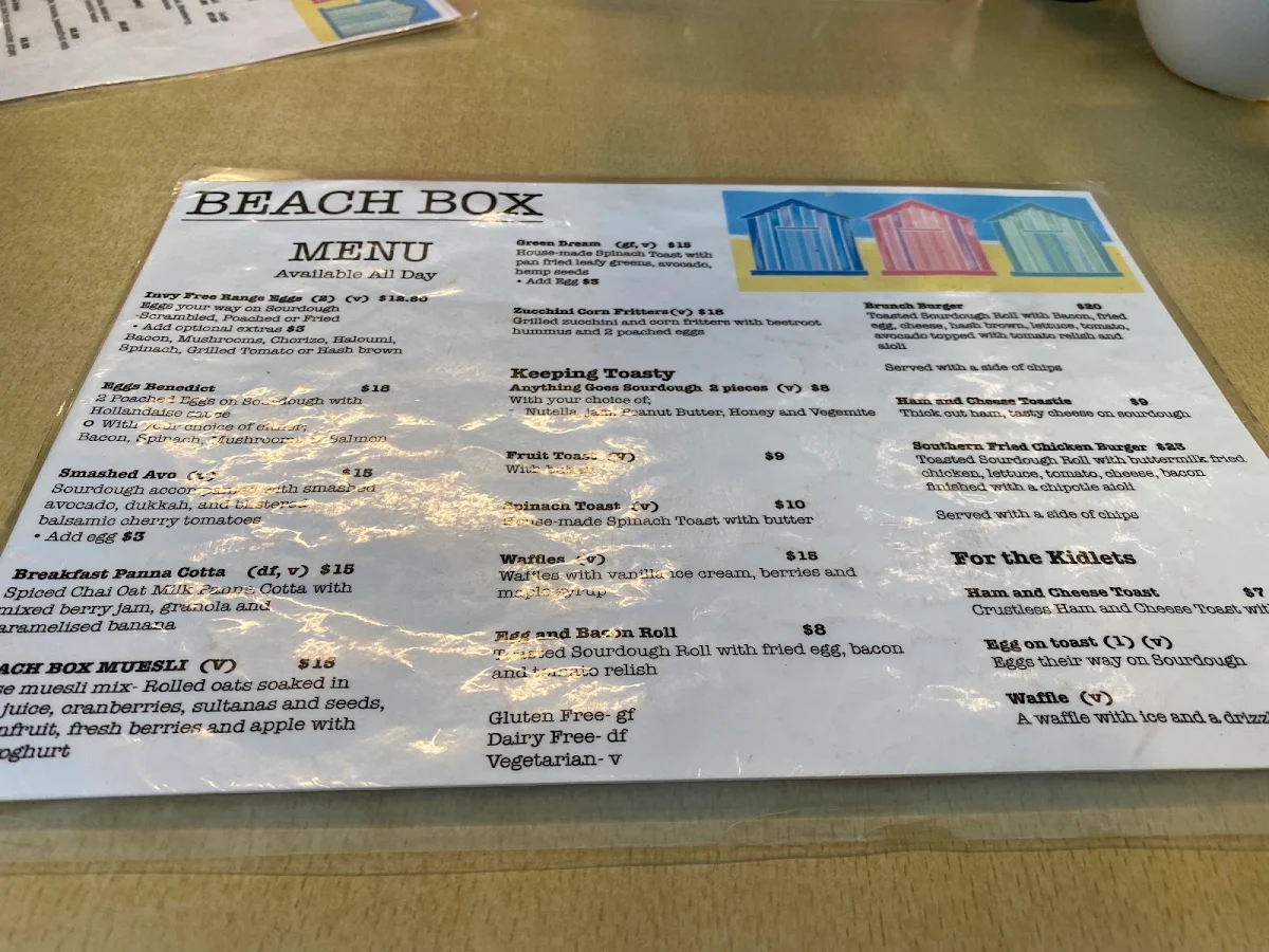 Menu, The Beach Box Cafe Inverloch