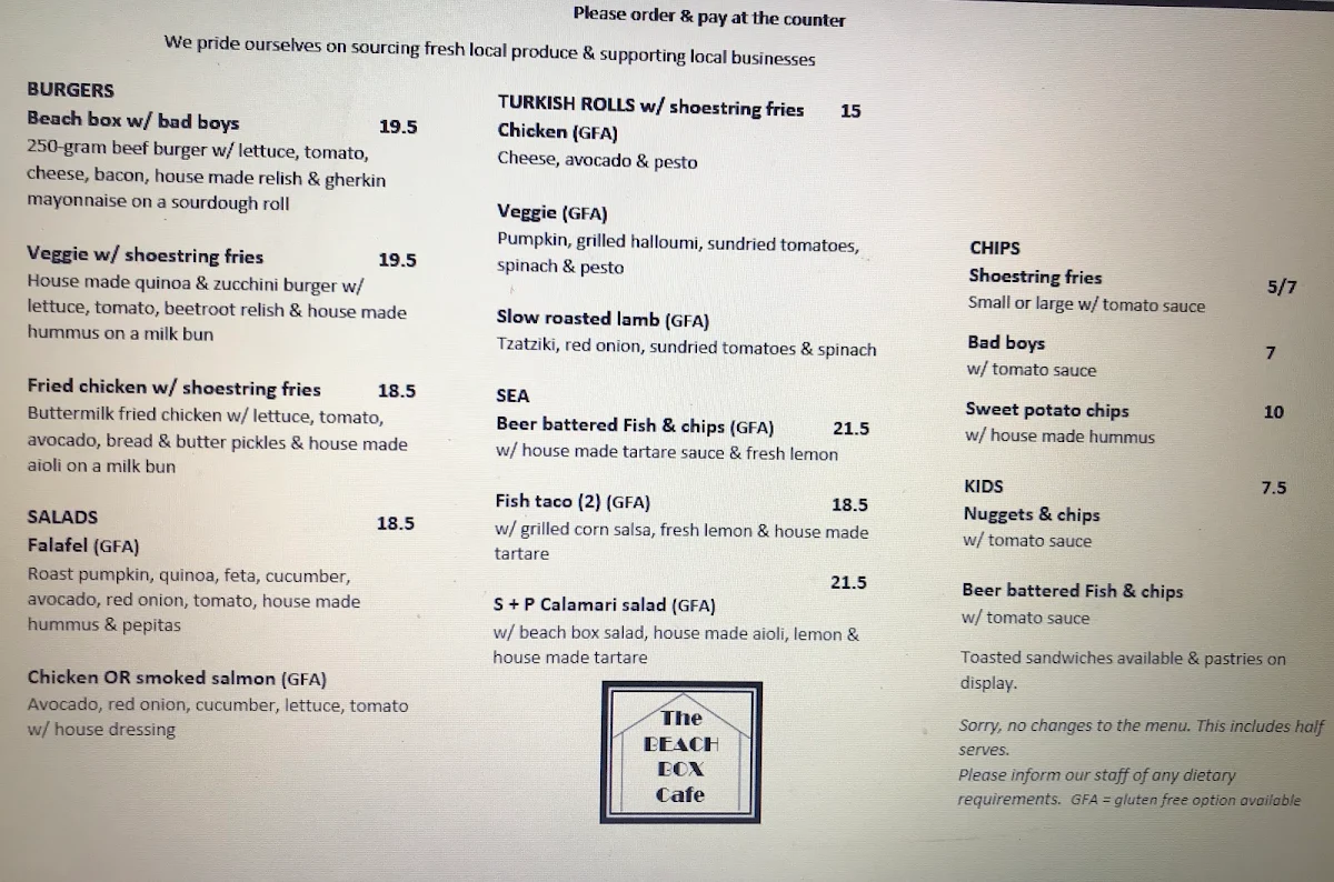 Menu, The Beach Box Cafe Inverloch