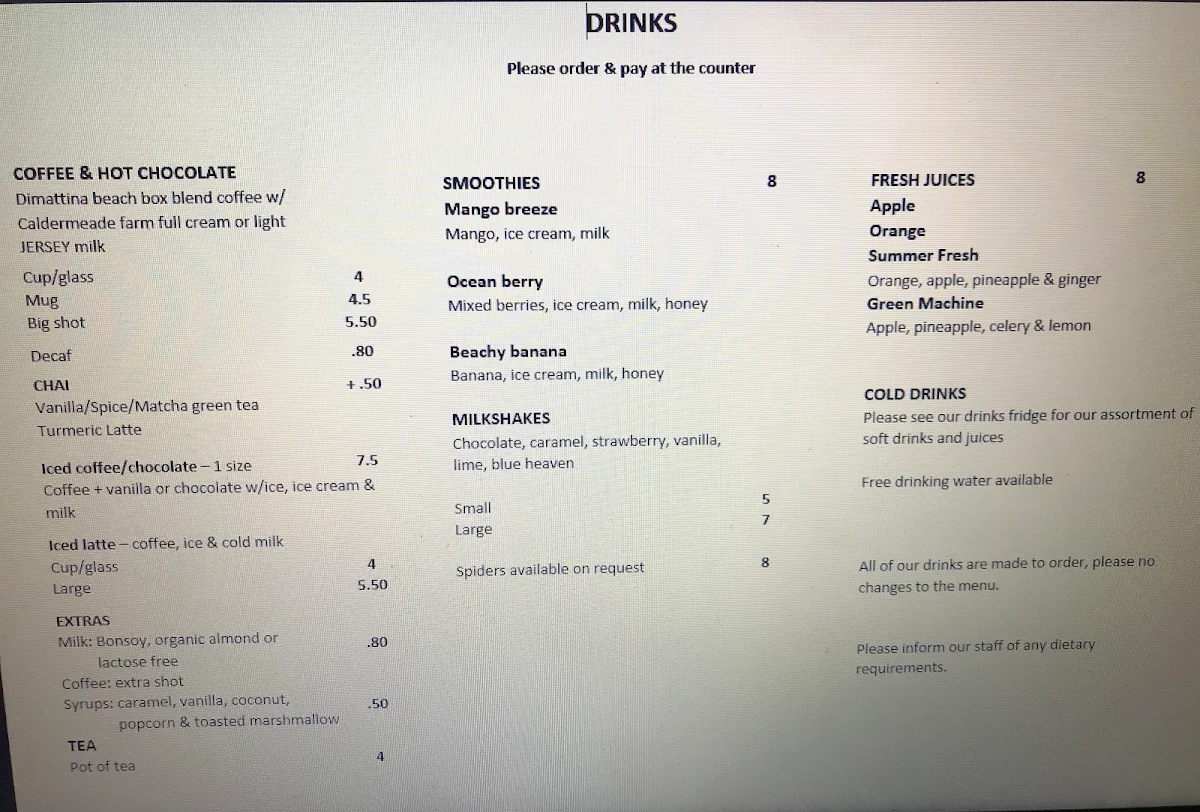 Menu, The Beach Box Cafe Inverloch