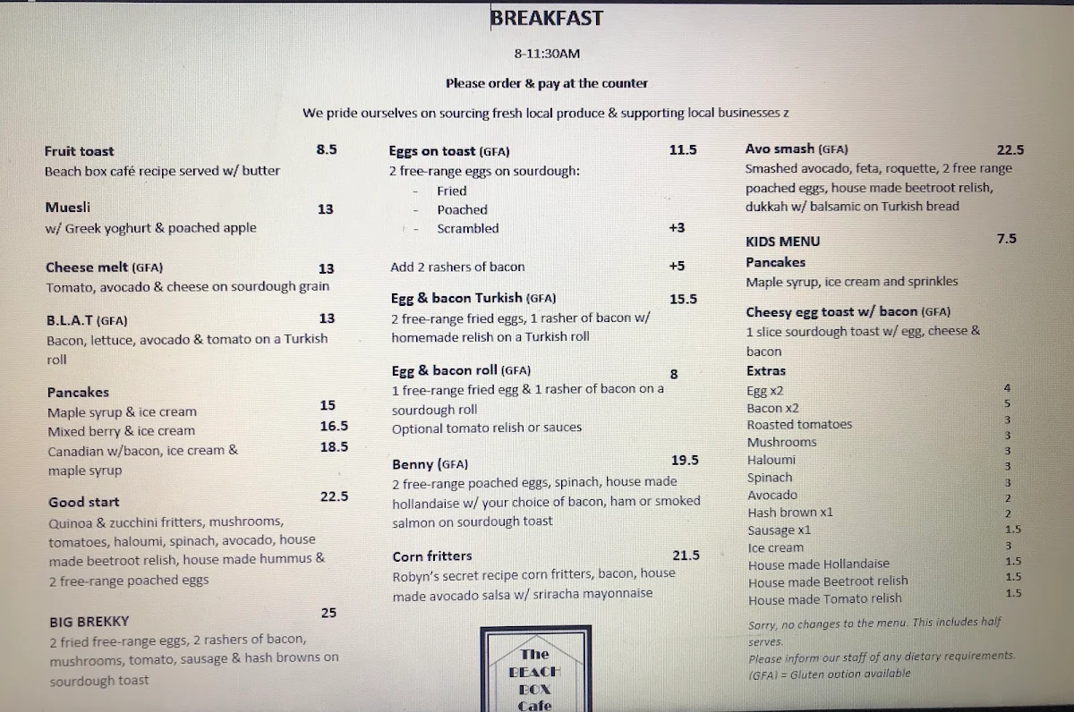 Menu, The Beach Box Cafe Inverloch