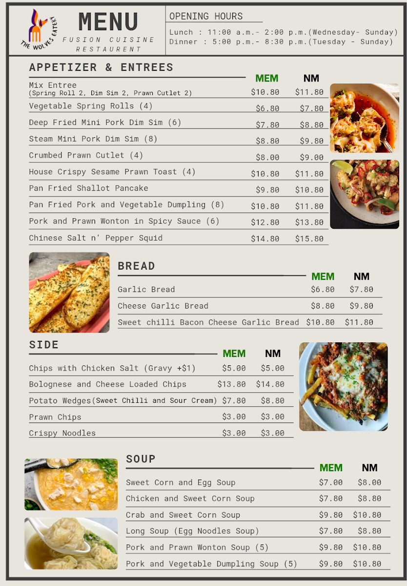 Menu, The Wolves Eatery