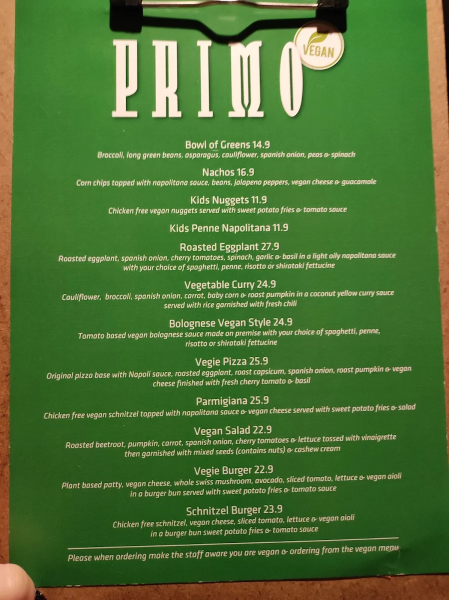 Menu, Caffe Primo