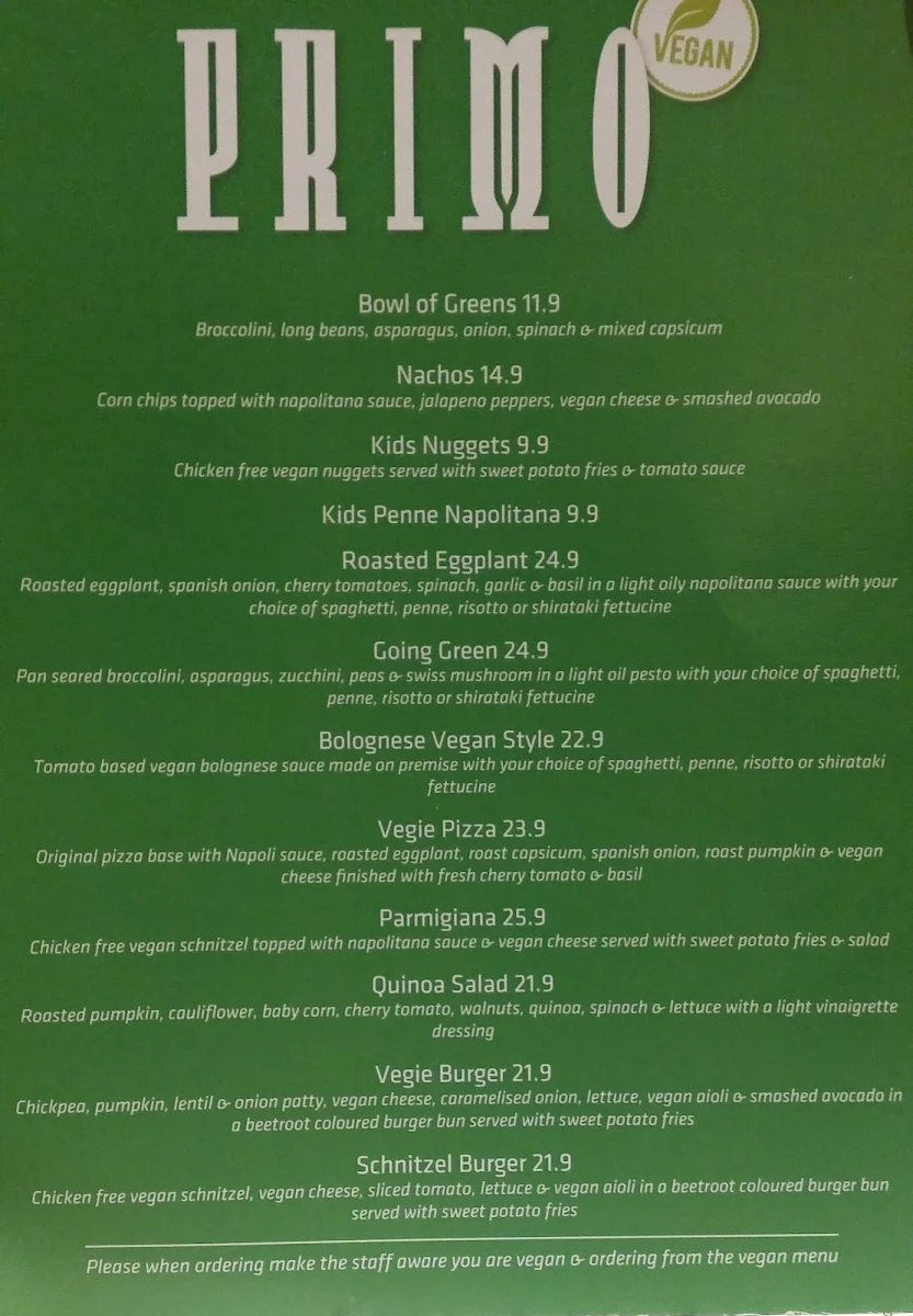 Menu, Caffe Primo