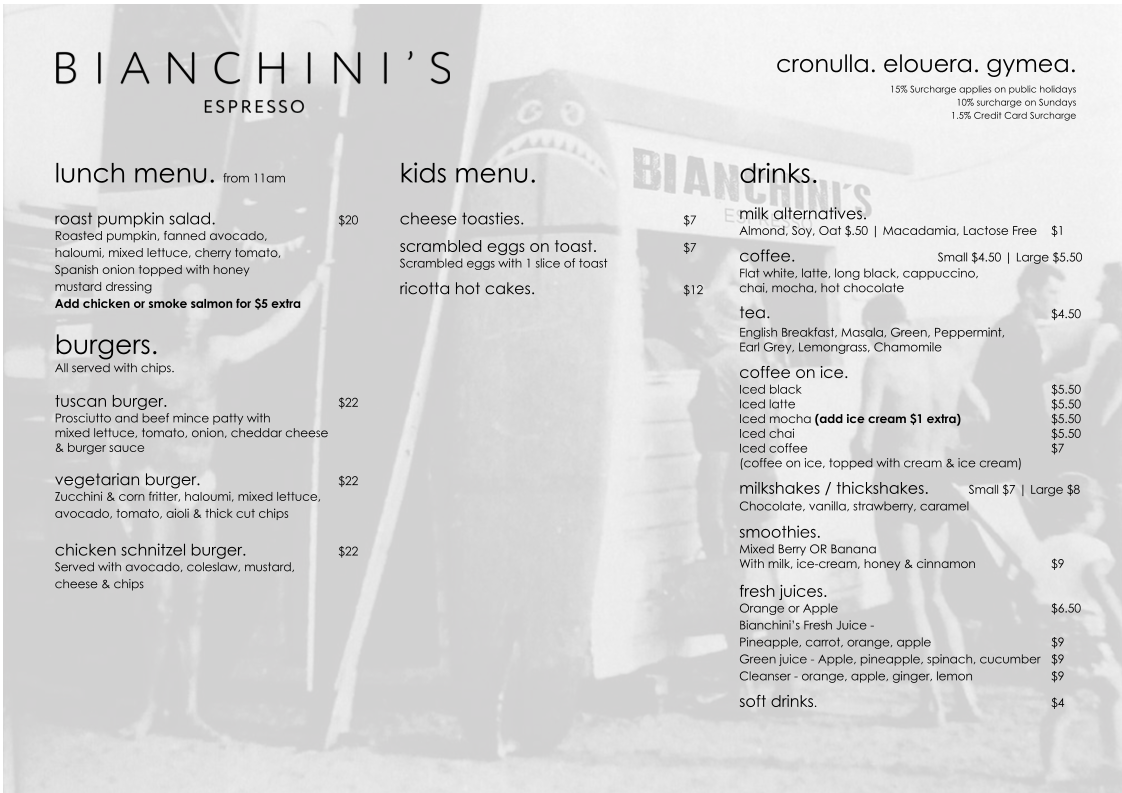 Menu, Bianchini's Gymea