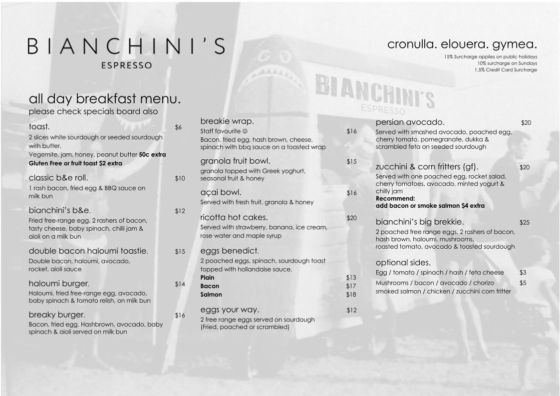 Menu, Bianchini's Gymea