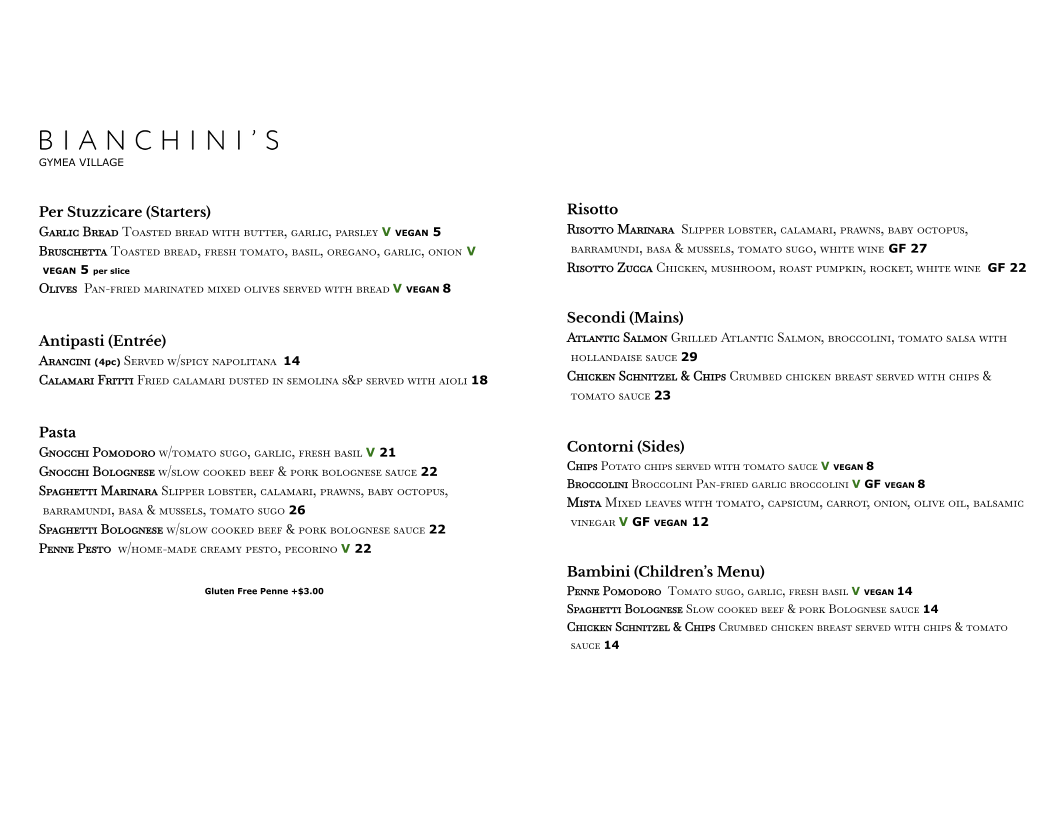 Menu, Bianchini's Gymea