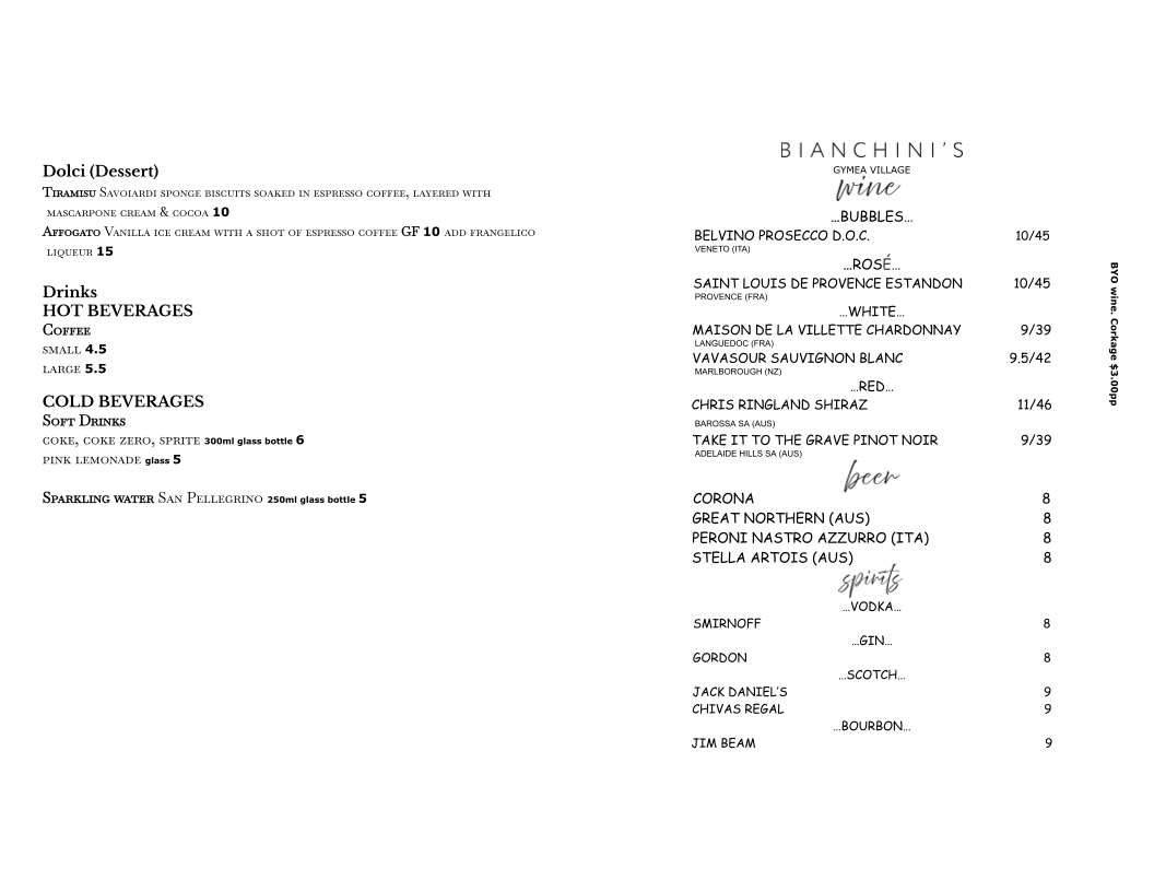 Menu, Bianchini's Gymea