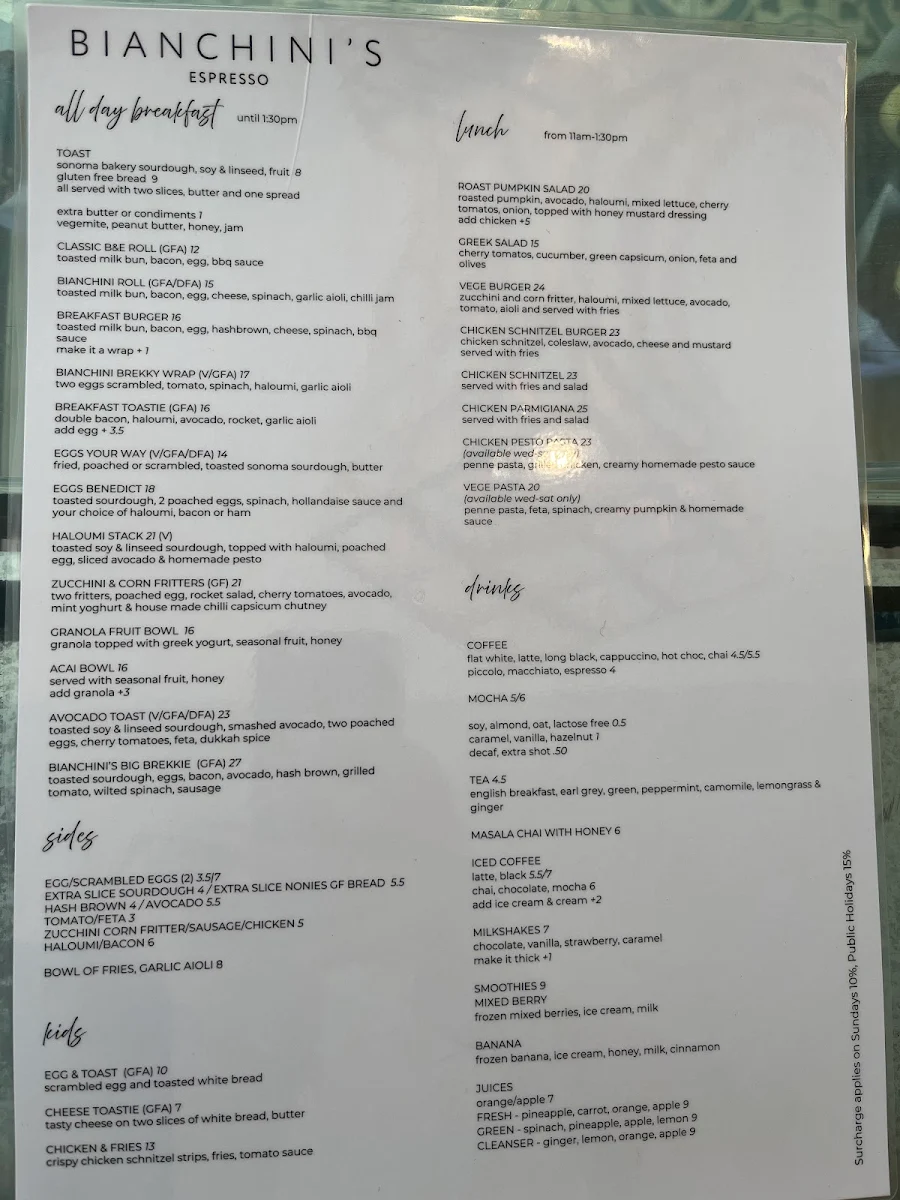 Menu, Bianchini's Gymea