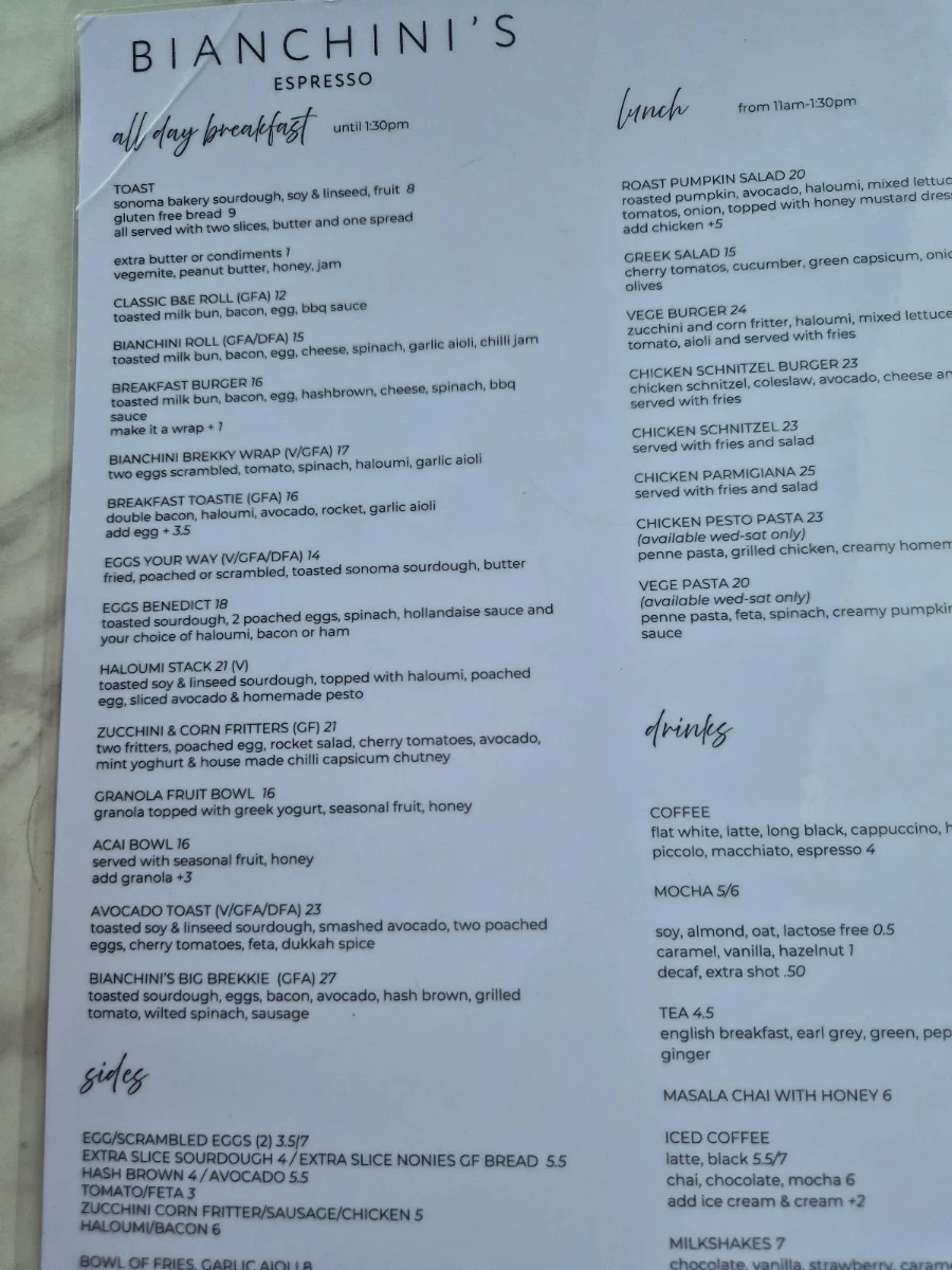 Menu, Bianchini's Gymea