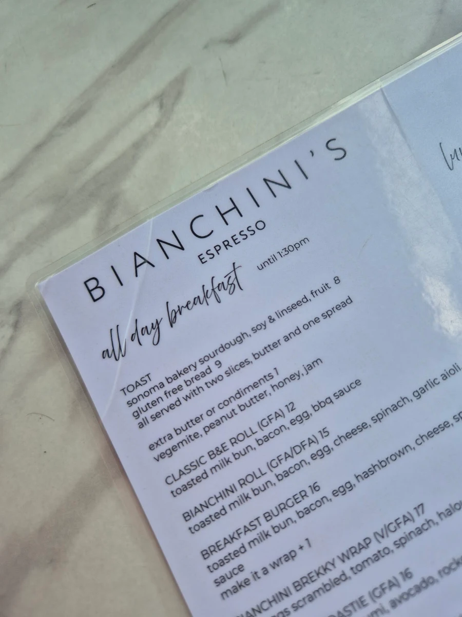 Menu, Bianchini's Gymea