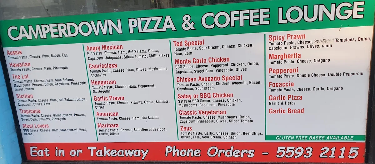 Menu, Camperdown pizza and coffee lounge