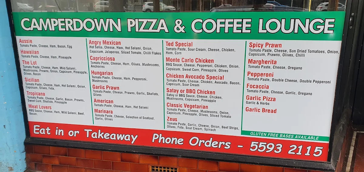 Menu, Camperdown pizza and coffee lounge
