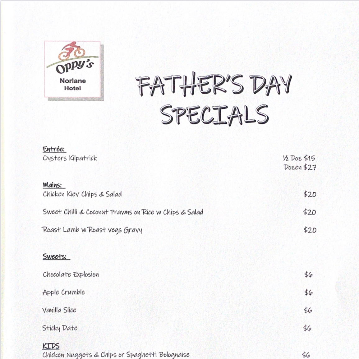 Menu, Oppy's Bistro