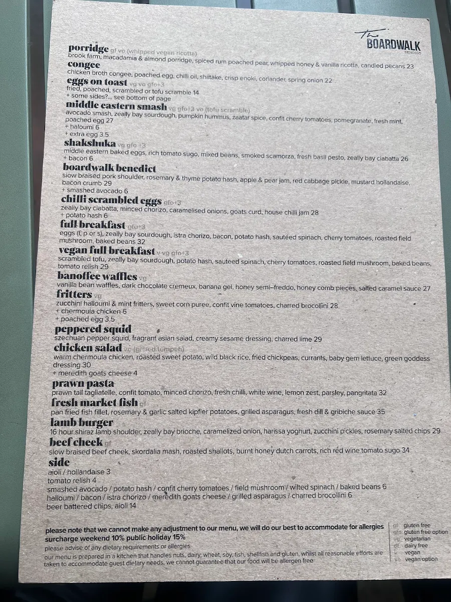 Menu, Whitby Bendigo