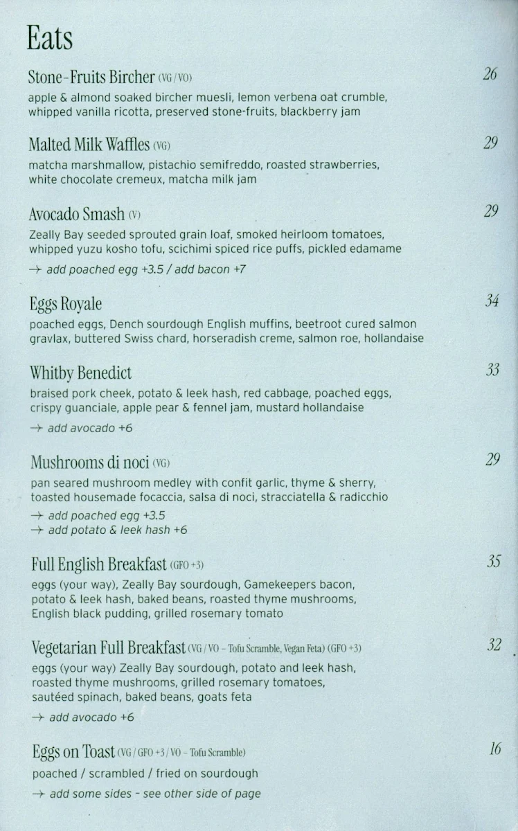 Menu, Whitby Bendigo