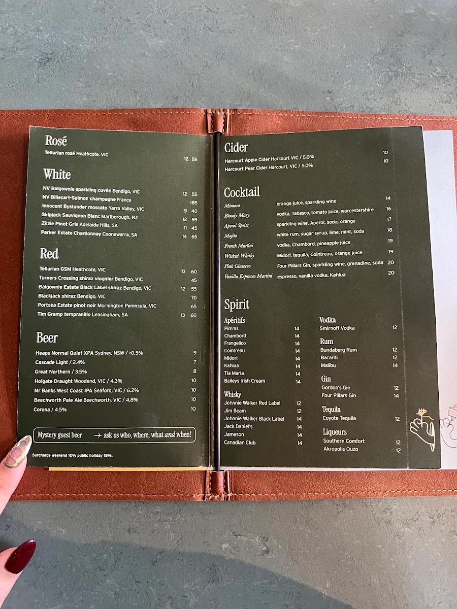 Menu, Whitby Bendigo