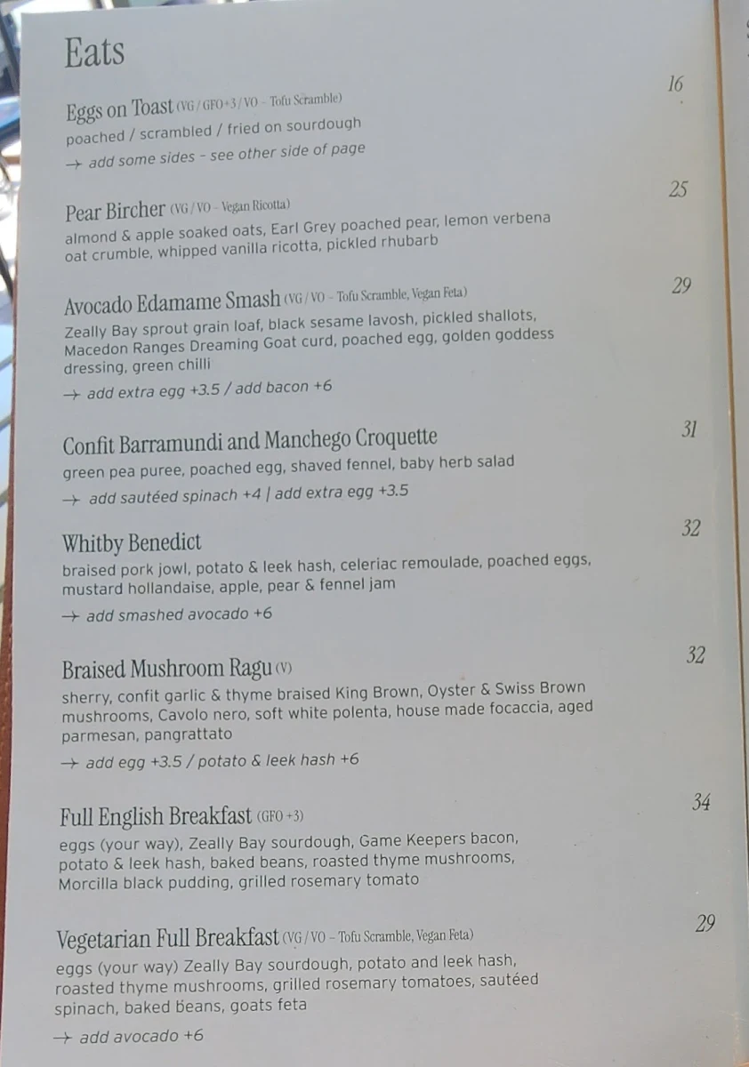 Menu, Whitby Bendigo