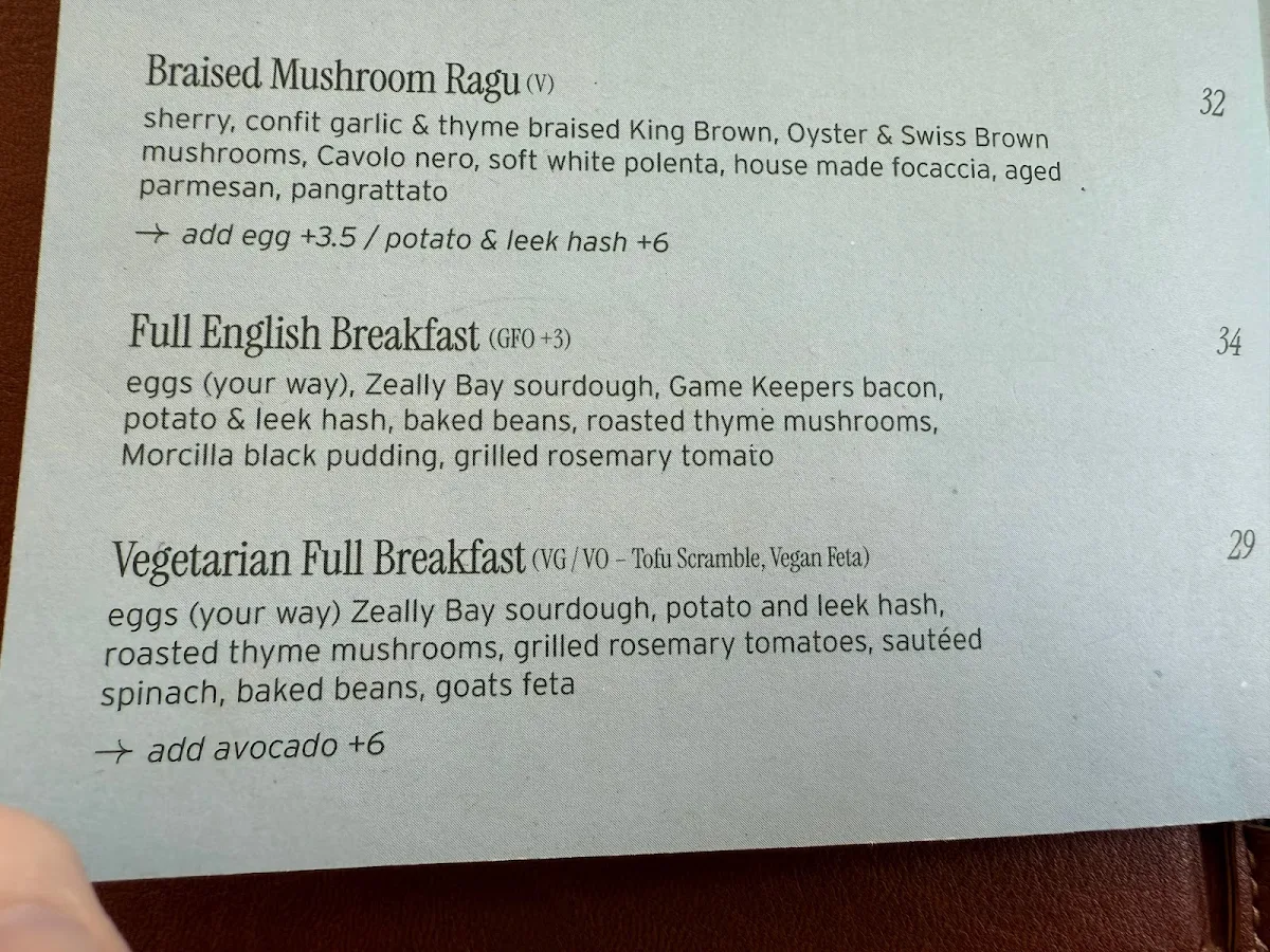 Menu, Whitby Bendigo