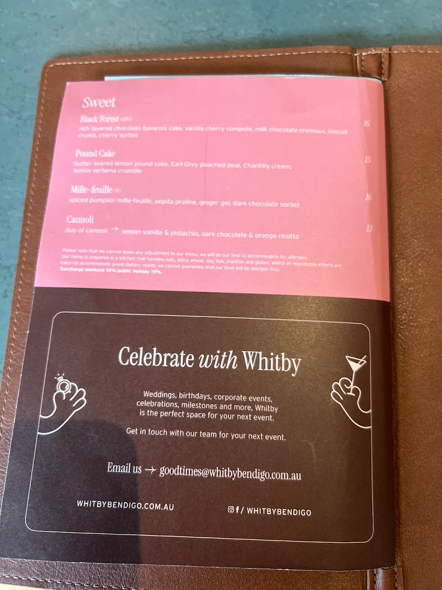 Menu, Whitby Bendigo