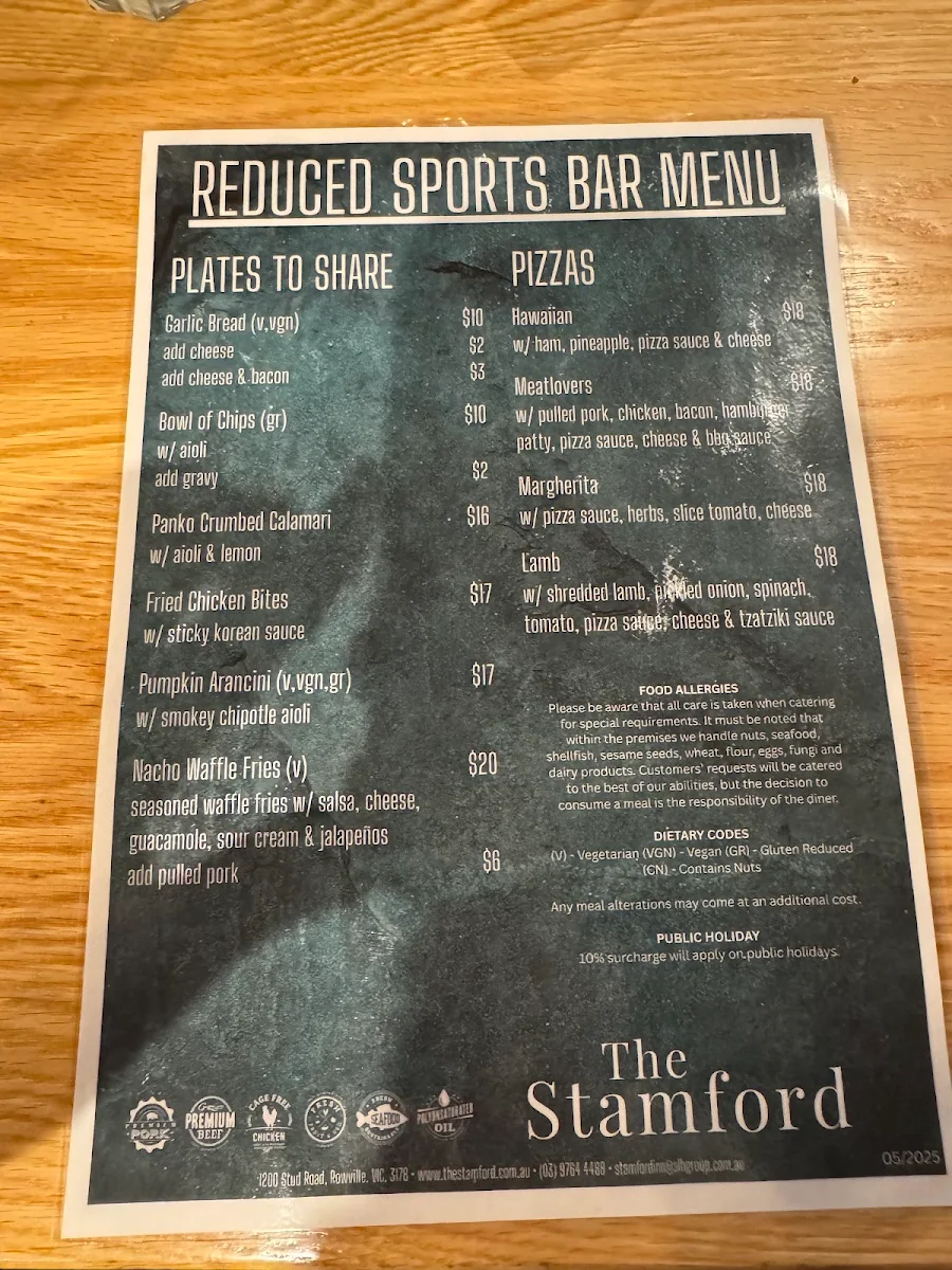 Menu, Stamford Inn