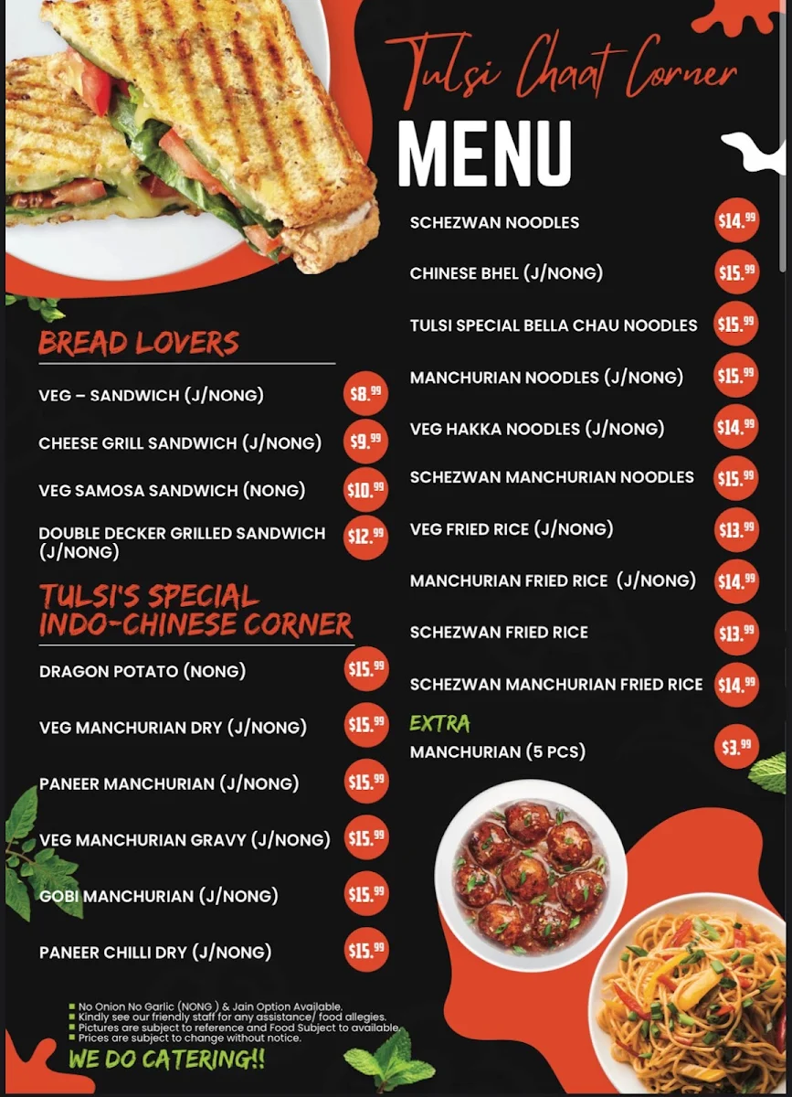 Menu, Tulsi Restaurant & Chaat