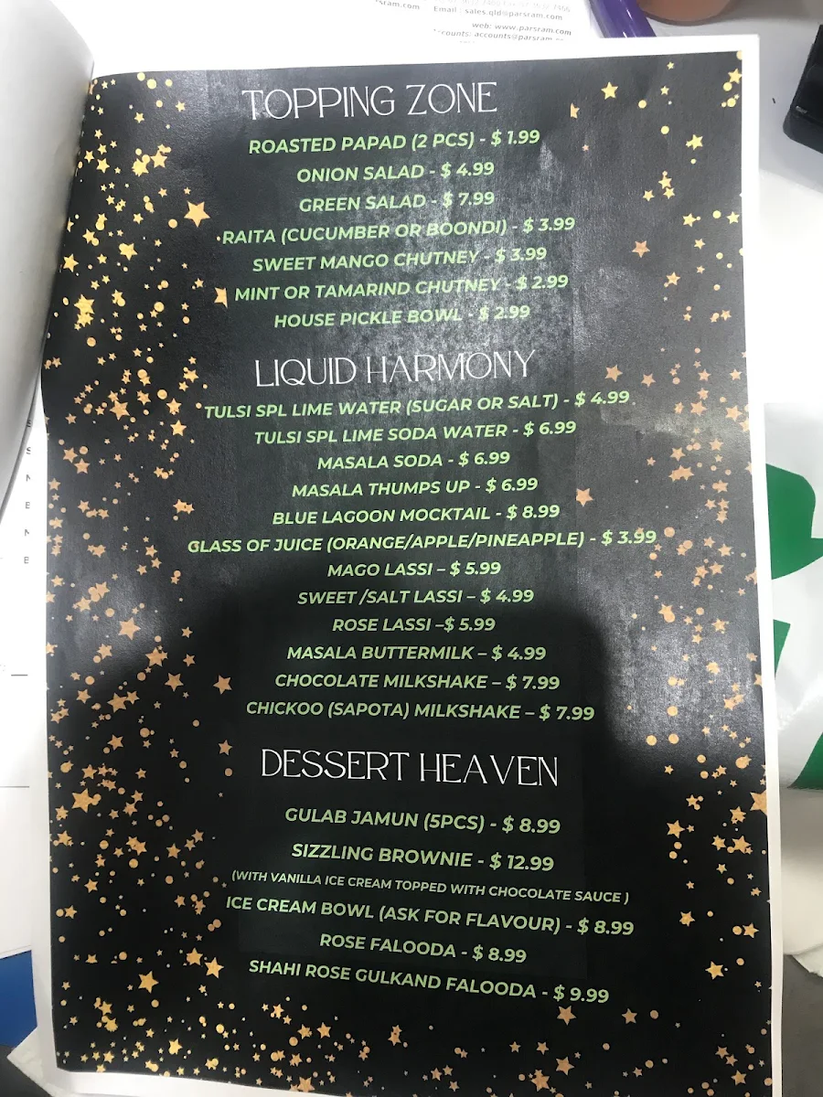 Menu, Tulsi Restaurant & Chaat