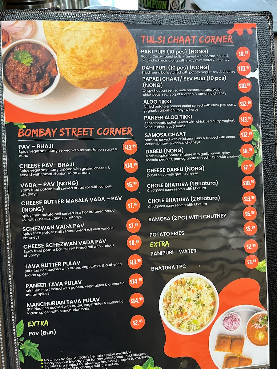 Menu, Tulsi Restaurant & Chaat
