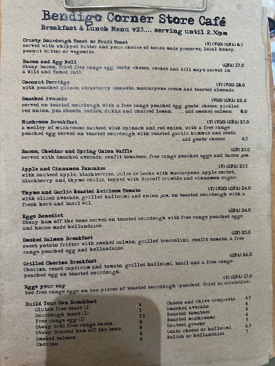 Menu, Bendigo Corner Store Cafe