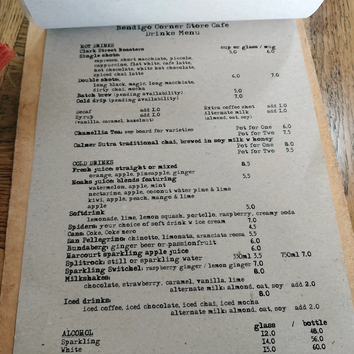 Menu, Bendigo Corner Store Cafe