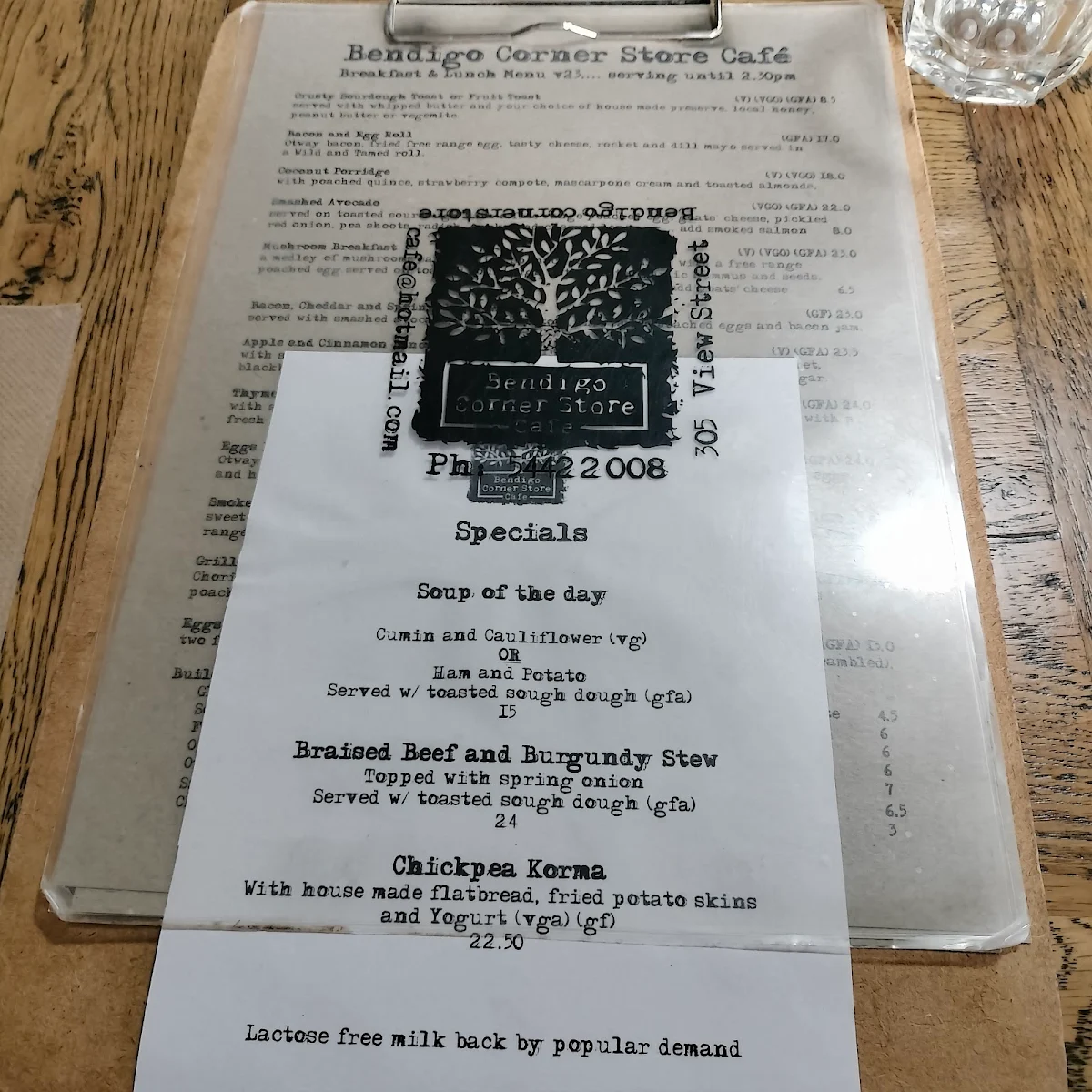Menu, Bendigo Corner Store Cafe