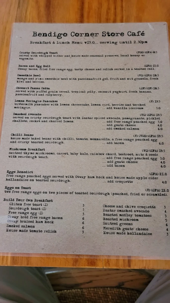 Menu, Bendigo Corner Store Cafe