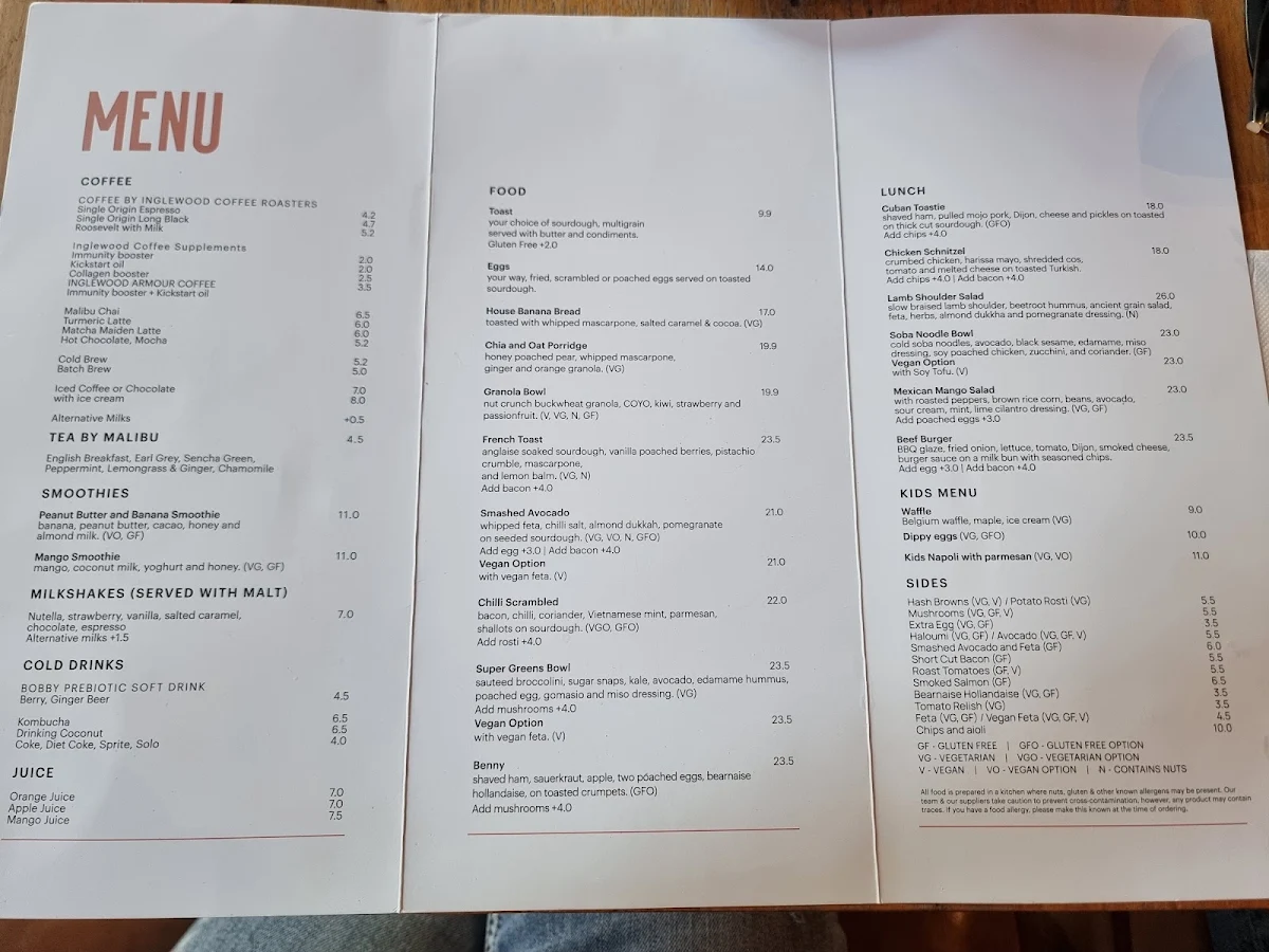 Menu, Bentwood Fitzroy Cafe