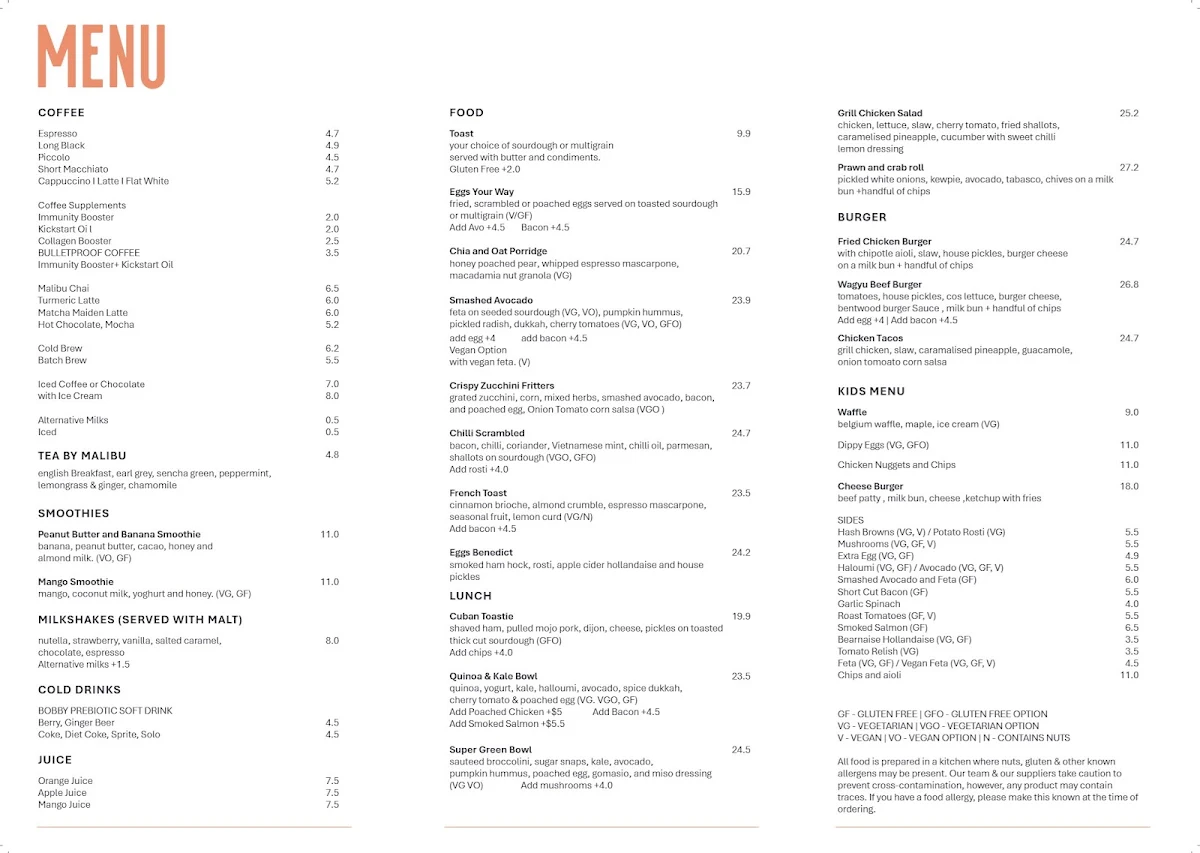 Menu, Bentwood Fitzroy Cafe