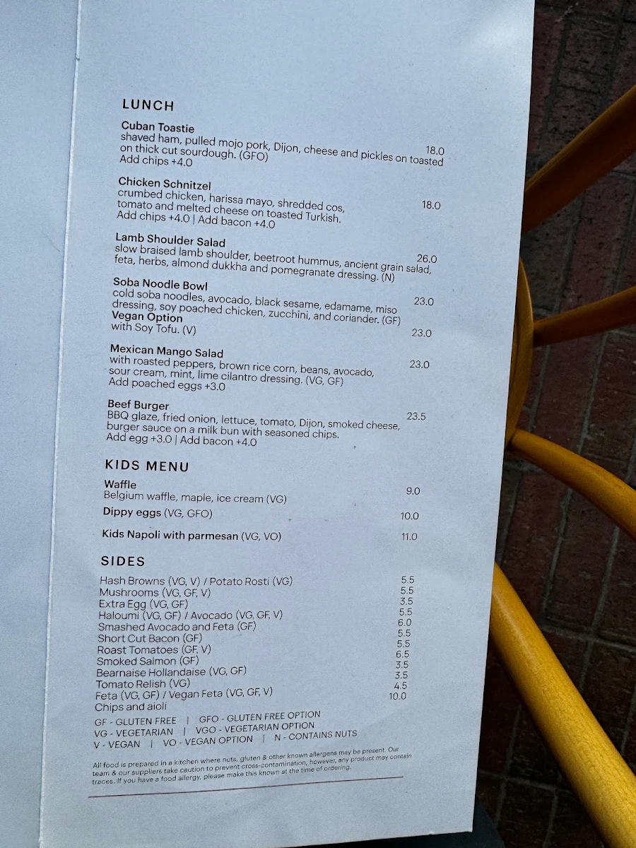 Menu, Bentwood Fitzroy Cafe