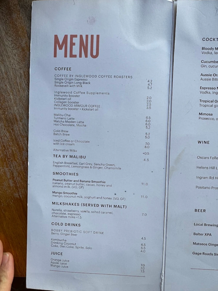Menu, Bentwood Fitzroy Cafe