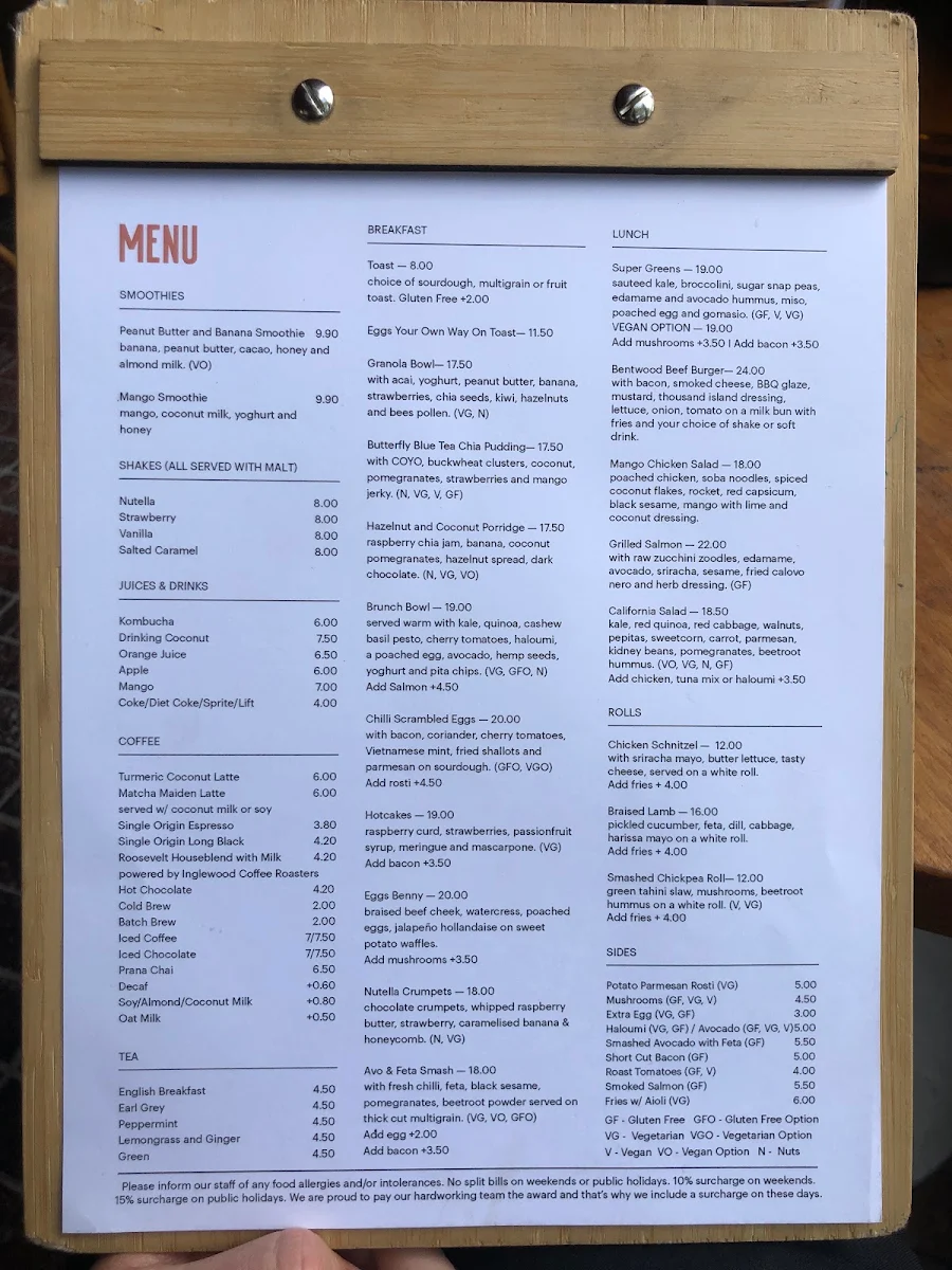 Menu, Bentwood Fitzroy Cafe