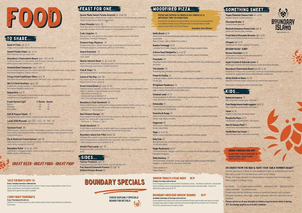Menu, Boundary Island Brewery