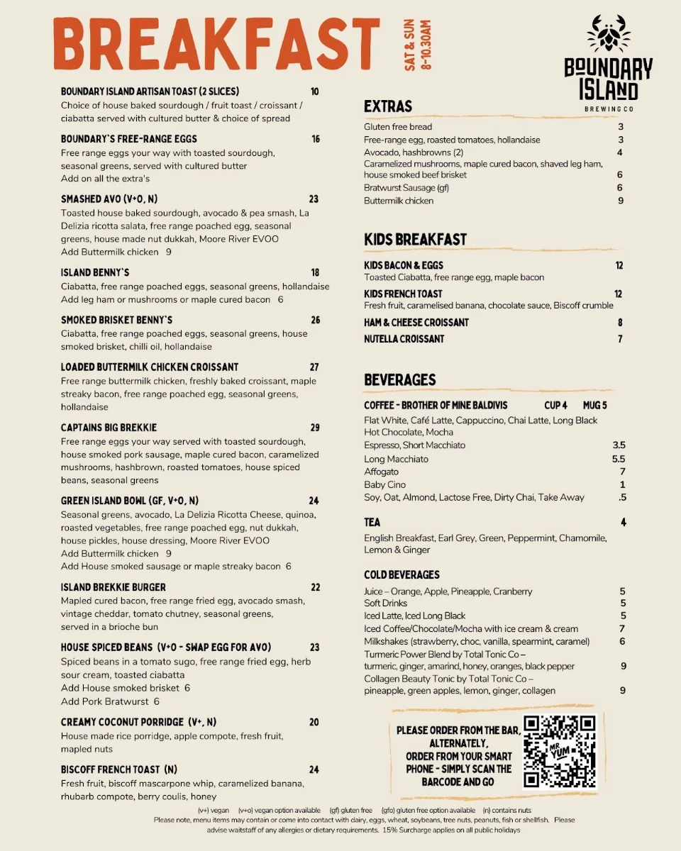 Menu, Boundary Island Brewery