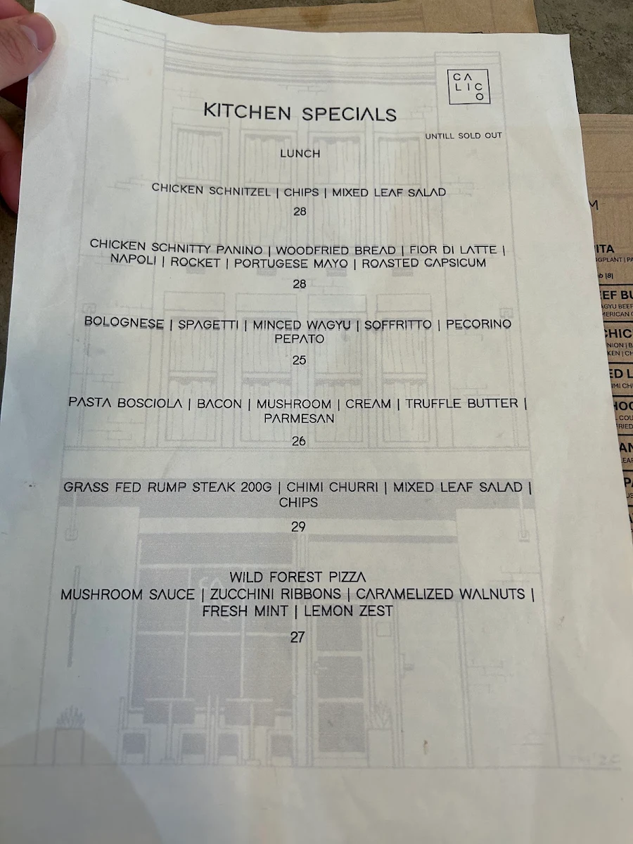Menu, Calico - Cafe, Restaurant, Pizzeria & Bar