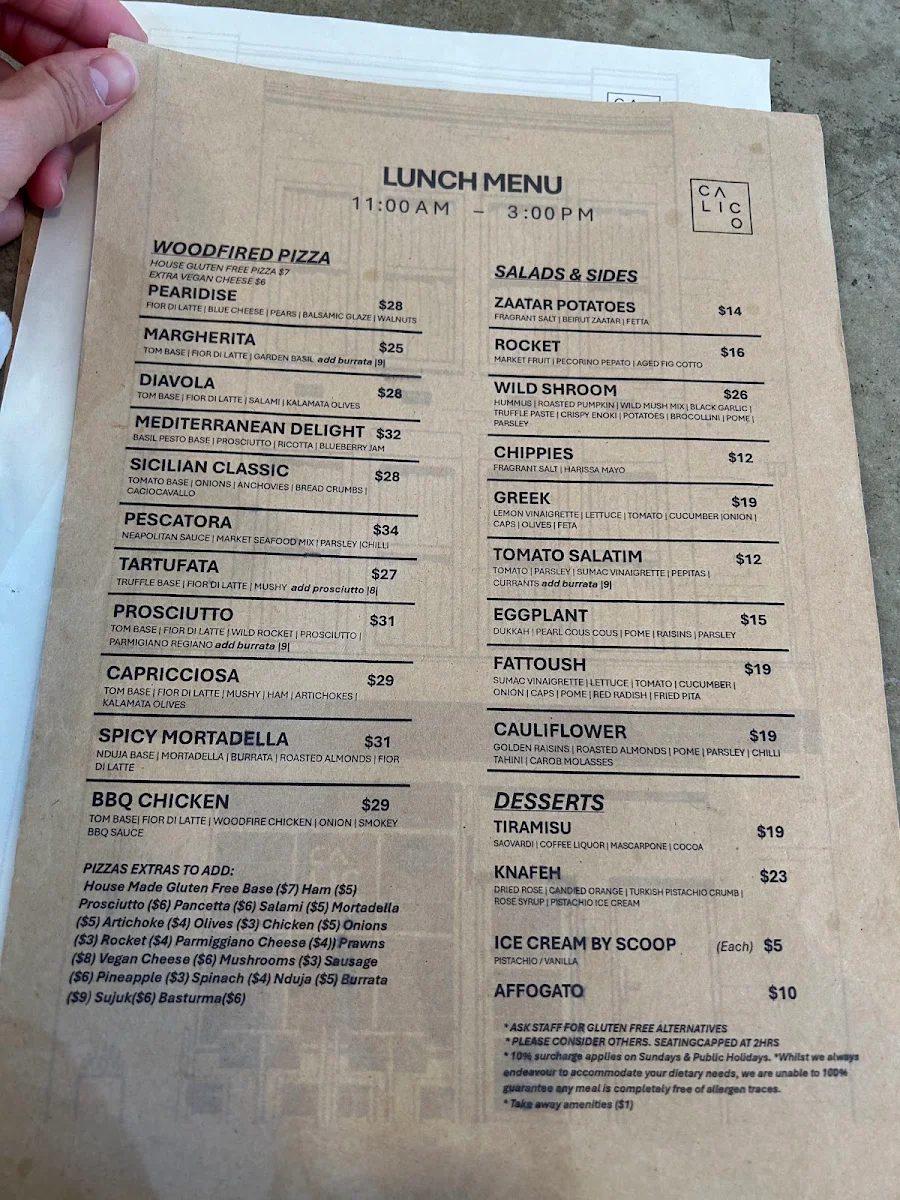 Menu, Calico - Cafe, Restaurant, Pizzeria & Bar
