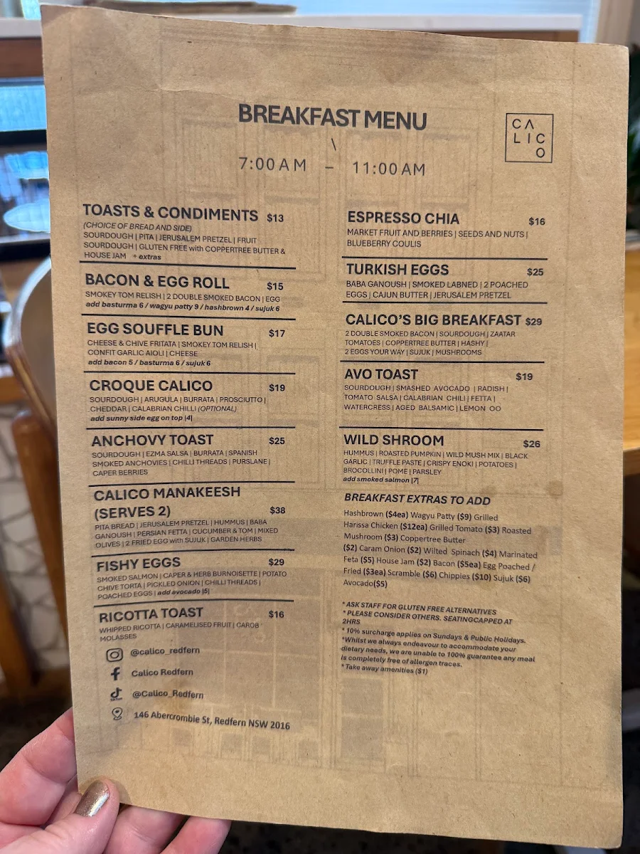 Menu, Calico - Cafe, Restaurant, Pizzeria & Bar