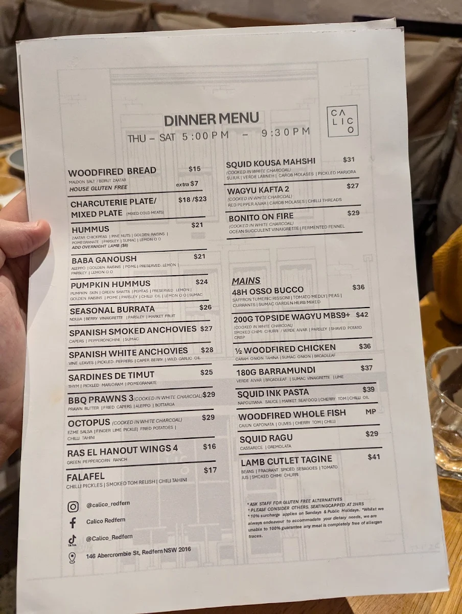 Menu, Calico - Cafe, Restaurant, Pizzeria & Bar