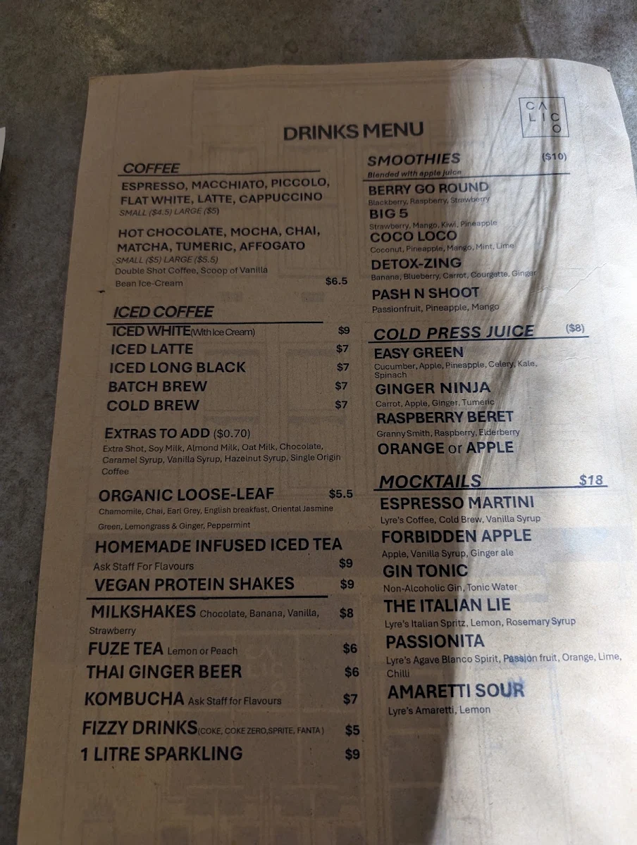 Menu, Calico - Cafe, Restaurant, Pizzeria & Bar