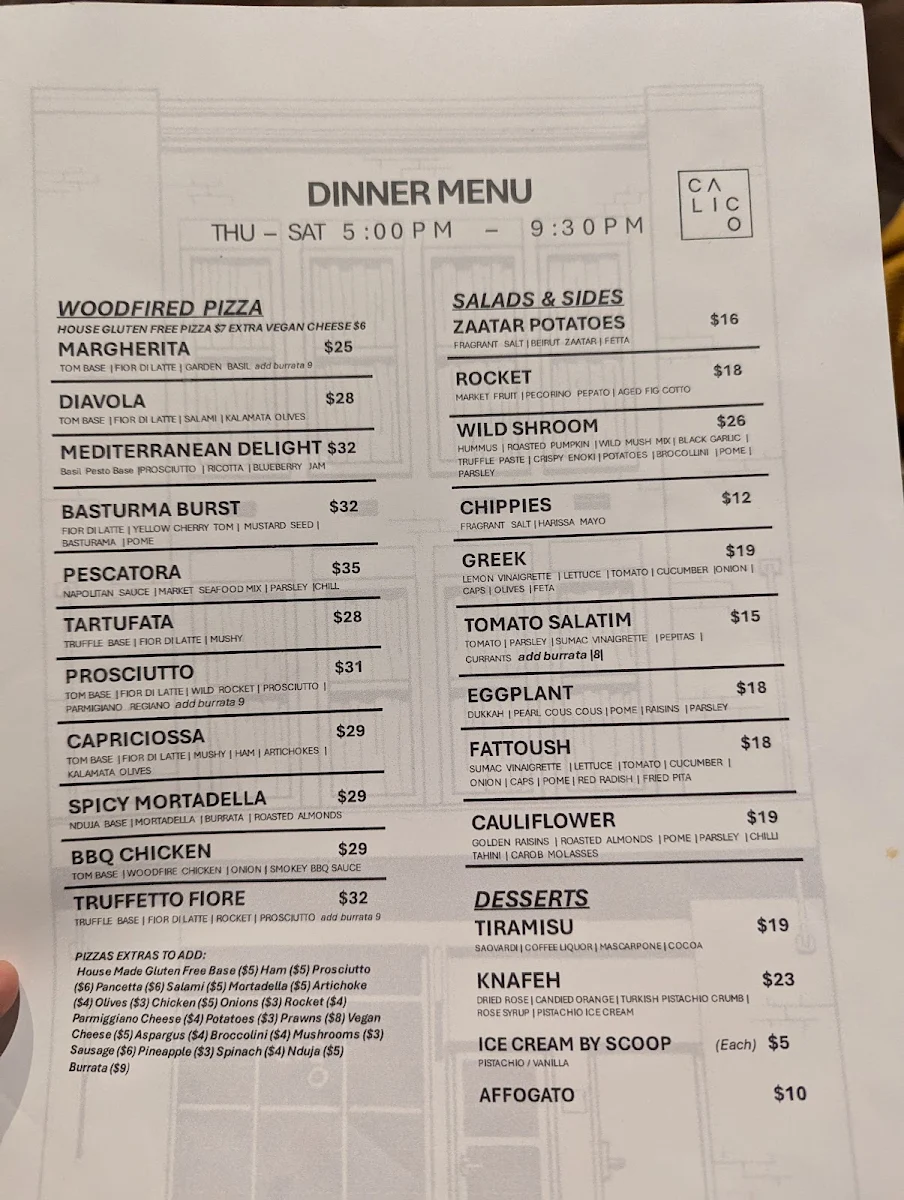 Menu, Calico - Cafe, Restaurant, Pizzeria & Bar